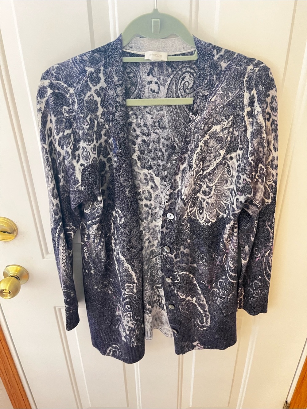 Chico’s Purple Paisley Button Front Cardigan Size Tag Removed